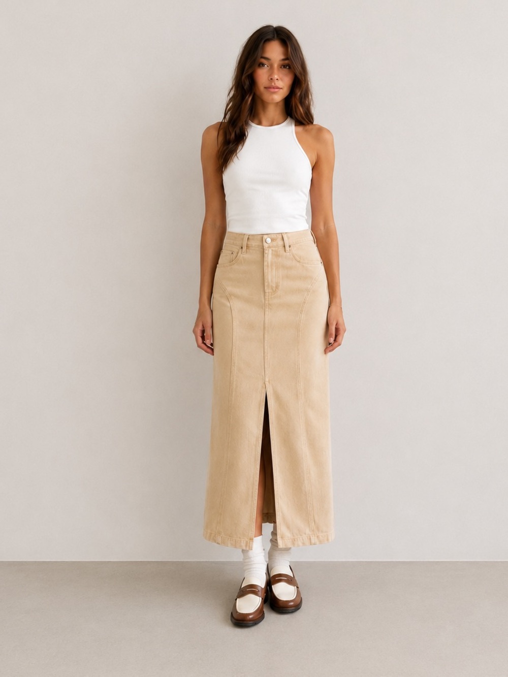 Blu Pepper Sand Denim Maxi Skirt NWT High Front Slit Beige Long Cotton Small